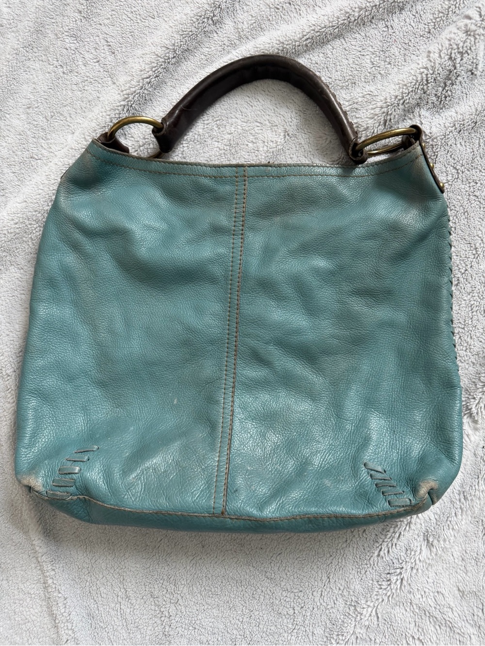 Lucky Brand Turquoise Teal Pebbled Leather Hobo Shoulder Bag Whipstitch Boho